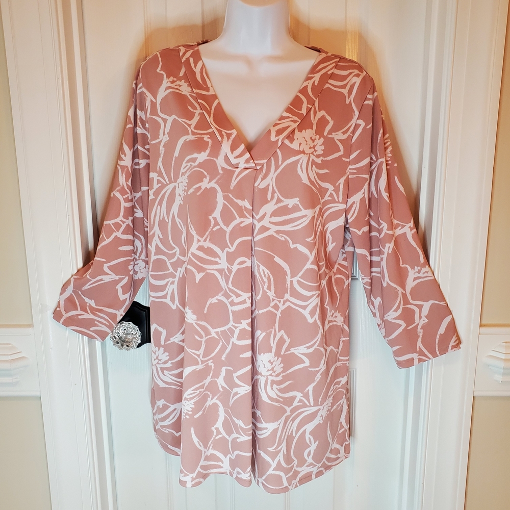 Alfani - Pink & White - Floral Print - V-Neck - Tunic - Size XL
